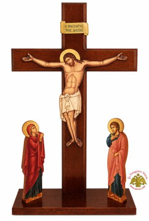 Cross Orthodox Wooden Crucifixion Golgotha with Theotokos and Saint John the Evangelist Lipiteron 50x98cm