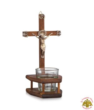 Natural Wooden Cross With Vigil Glass Oil Cup 12x23cm