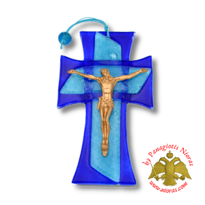 Orthodox Blown Glass Blue Cross With Metal Brass Christ figure