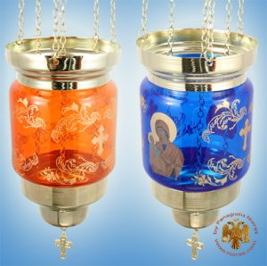 Hanging Glass Pillar Candle Colorful decals with religious themes
