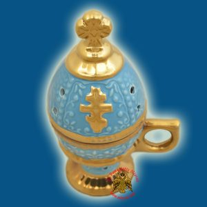 Ορθόδοξο Λιβανιστήρι Πορσελάνη με Καπάκι Σταυρό Τιρκουαζ