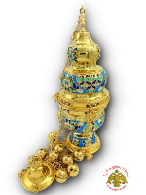 Orthodox Ecclesiastical Censer Athinaiko Style Enamel Motives 13x32cm Gold Plated