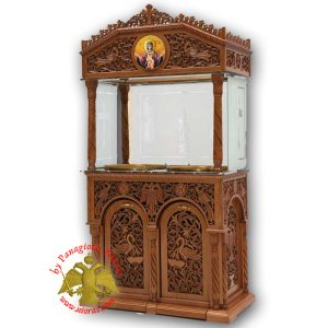 Orthodox Church Wood Carved Candelabra Double Candle Tray Ø 50cm With Holy Icon in the Center