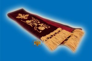 Gospel Ribbon Orthodox Gold-embroidered Design Cross with Roses in Burgundy Velvet