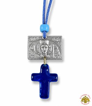Blue Glass Cross With Archangel of Mantamados Metal Icon