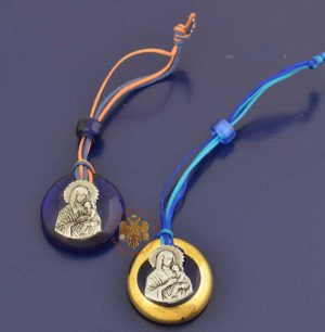 Blue Round Glass with Metal Theotokos Icon