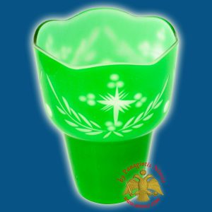 Romanian Orthodox Hand Carved with Crosses Votive Glass Cup Green with White Inner