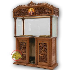 Orthodox Church Wood Carved Candelabra Double Candle Tray Ø 50cm With Holy Icon in the Center