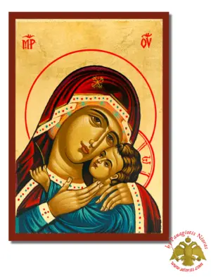 Holy Virgin Mary Mersiful Red Details Byzantine Wooden Icon on Canvas