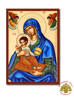 Holy Virgin Mary Mercifull of Corfu Blue Dress Byzantine Wooden Icon on Canvas