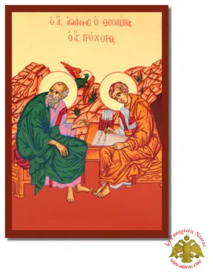Saint John the Theologian and Evangelist with Prochorus in Cave Byzantine Wooden icon on Canvas