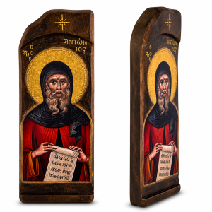 Antique Holy Saint Antonios Icon in Carved Shape Natural Wood