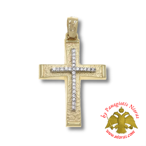 Gold Pendant Cross Textured with Zircon 28x20mm K14