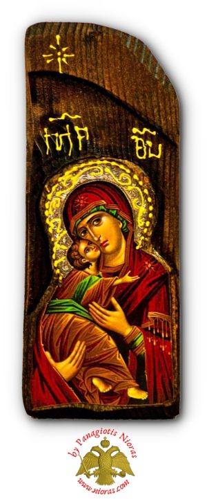 Antique Holy Theotokos SweetKissing Icon in Carved Shape Natural Wood