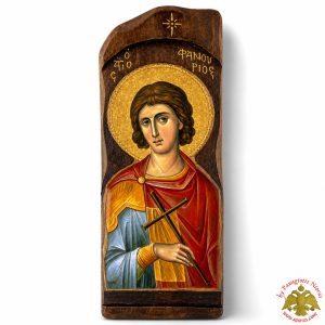 Antique Style Saint Phanourios Icon in Rectangular Shape on Natural Wood