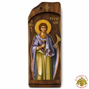 Antique Style Saint Tryphon Icon in Rectangular Shape on Natural Wood