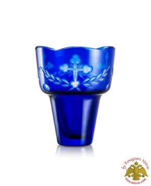 Romanian Orthodox Cross Hand Carved Glass Cup Blue 9.8x12.5cm