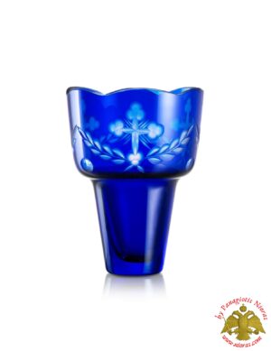 Romanian Orthodox Hand Carved Glass Cup Blue 8.5x11.5cm