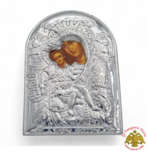 Orthodox Oval Icon Theotokos Virgin Mary Axion Esti Magnet in the Back Silver Frame 45x55mm