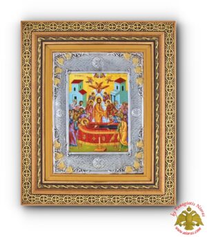 Orthodox Holy Icon Koimisi Theotokou  with Cross Details in a Wooden Frame with Glass