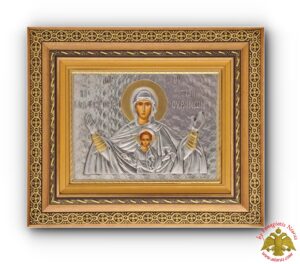 Orthodox Holy Icon Panagia Platitera  with Cross Details in a Wooden Frame with Glass