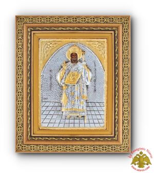 Orthodox Holy Icon Saint Nektarios with Cross Details in a Wooden Frame with Glass