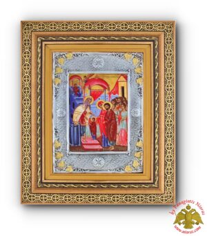 Χειροποιήτη Επάργυρη Εικόνα Εισόδια Θεοτόκου σε Κορνίζα Τζάμι