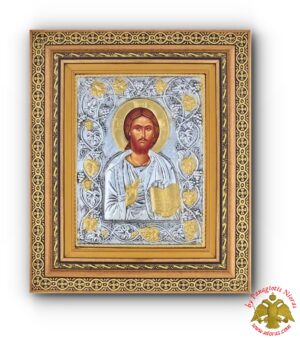Orthodox Holy Icon Christ Blessing with Cross Details in a Wooden Frame with Glass