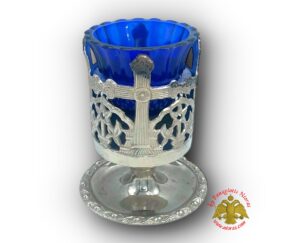 Cross Standing Metal Oil Candle Nickel with Vigil Oil Cup 18cm