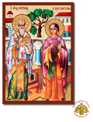 Τhe Saints Cyprian and Justine Byzantine Wooden Icon on Canvas