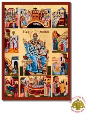 The life of Saint Spyridon Byzantine Wooden Icon on Canvas