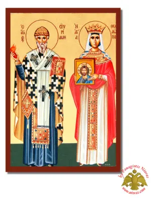 The Saints Spyridon and Theodora Byzantine Wooden Icon on Canvas