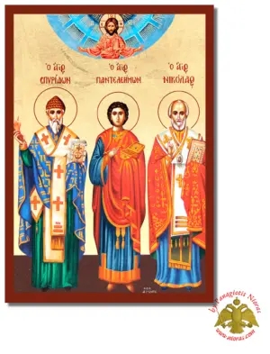 The Saints Spyridon, Panteleimon and Nicholas Byzantine Wooden Icon on Canvas