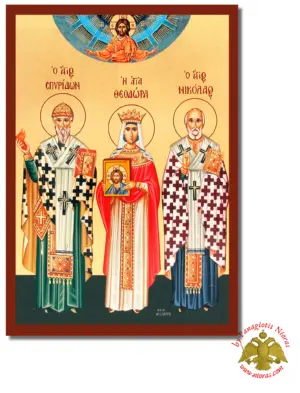 The Saints Spyridon, Theodora and Nicholas Byzantine Wooden Icon on Canvas