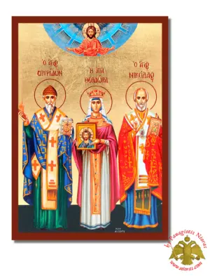 The Saints Spyridon Nicholas and Theodora Byzantine Wooden Icon on Canvas