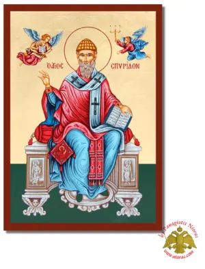 The Saint Spyridon on the throne Byzantine Wooden Icon on Canvas