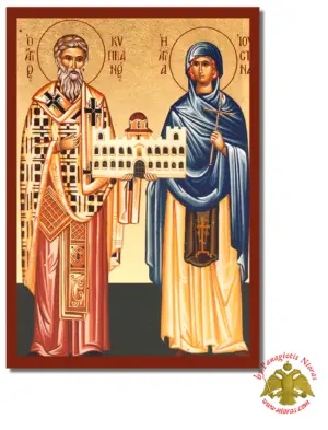 The Saints Cyprian and Justin Byzantine Wooden Icon on Canvas