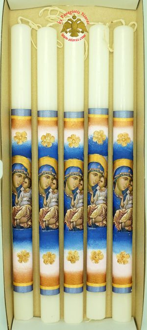 Pascha Candle with Theotokos in Blue Decoration Holy Icon 40cm