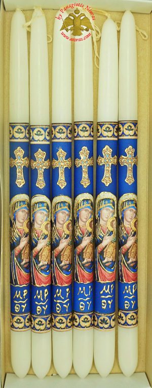 Pascha Candle with Theotokos Holy Icon With Blue Background 40cm