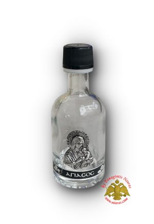 Holy Water or Holy Oil Bottle Clear Cylinder with Holy Metal Theotokos Icon