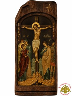 Antique Style Christ Crucifixion in Rectangular Shape on Natural Wood