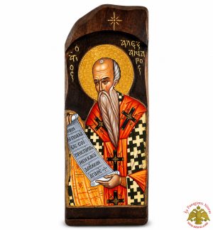Saint Alexander Antique Wooden Icon in Natural Carved Shape Wood