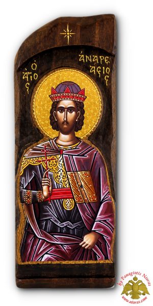 Saint Anastasios the Persian Antique Wooden Icon in Natural Carved Shape Wood
