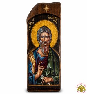 Saint Andrew Antique Wooden Icon in Natural Carved Shape Wood