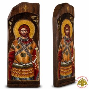 Antique Holy Saint Artemios Icon in Carved Shape Natural Wood