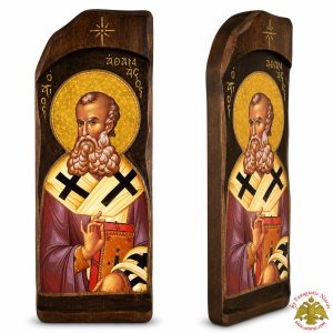 Antique Style Saint Athanasios Icon in Rectangular Shape on Natural Wood