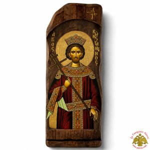 Antique Style Saint Constantinos Icon in Rectangular Shape on Natural Wood