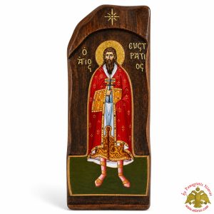 Antique Style Saint Efstratios Icon in Rectangular Shape on Natural Wood