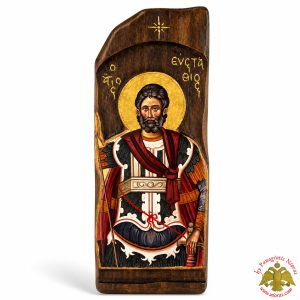 Antique Style Saint Efstathios Icon in Rectangular Shape on Natural Wood