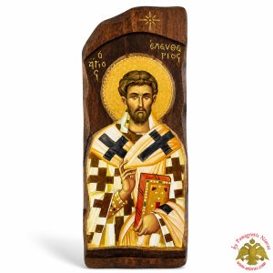 Saint Eleftherios Antique Wooden Icon in Natural Carved Shape Wood